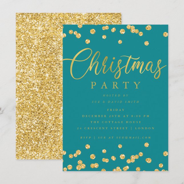 Gold Teal Script Confetti Holiday Christmas Party Invitation (Front/Back)