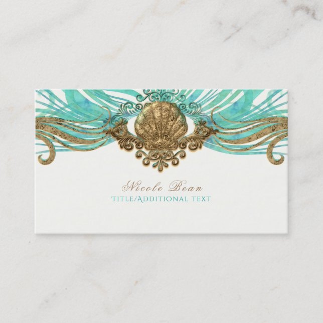 Gold & Teal Sea Shell Glam Beach Elegant Custom Business Card (Front)