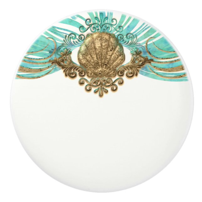 Gold & Teal Sea Shell Glam Beach Elegant Decor Ceramic Knob (Front)