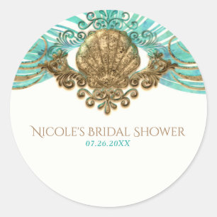 Gold & Teal Sea Shell Glam Beach Elegant Favour Classic Round Sticker