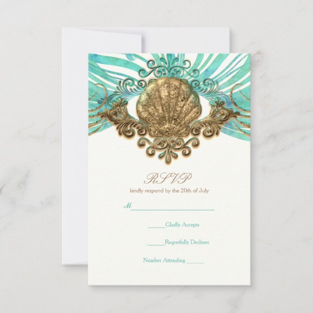 Gold & Teal Sea Shell Glam Beach Elegant RSVP Card (Front)