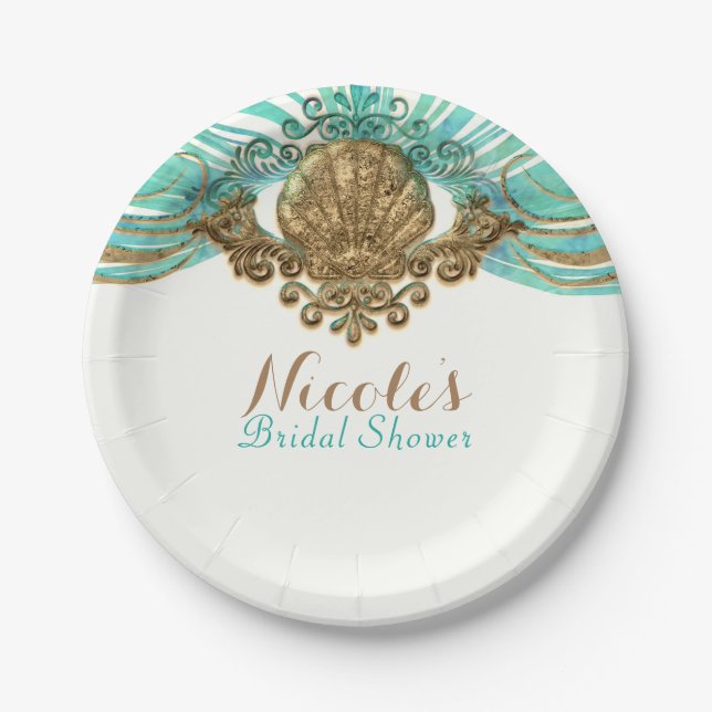 Gold & Teal Sea Shell Glam Beach Party Elegant Paper Plate (Front)