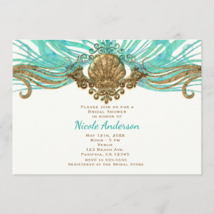 Gold & Teal Sea Shell Glam Beach Party Invitations