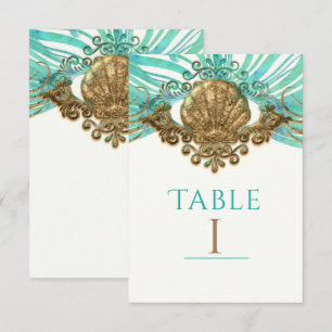 Gold & Teal Sea Shell Glam Beach Table Number Card