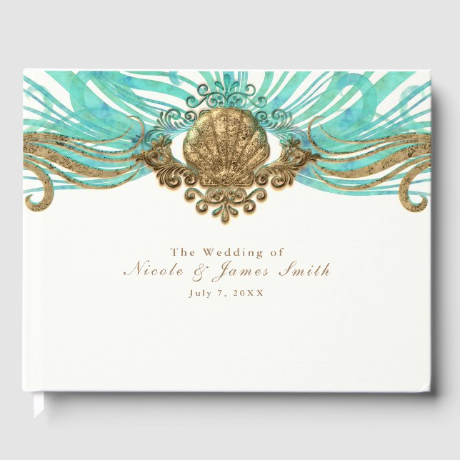 Gold & Teal Sea Shell Glam Beach Wedding Elegant Guest Book (Front)