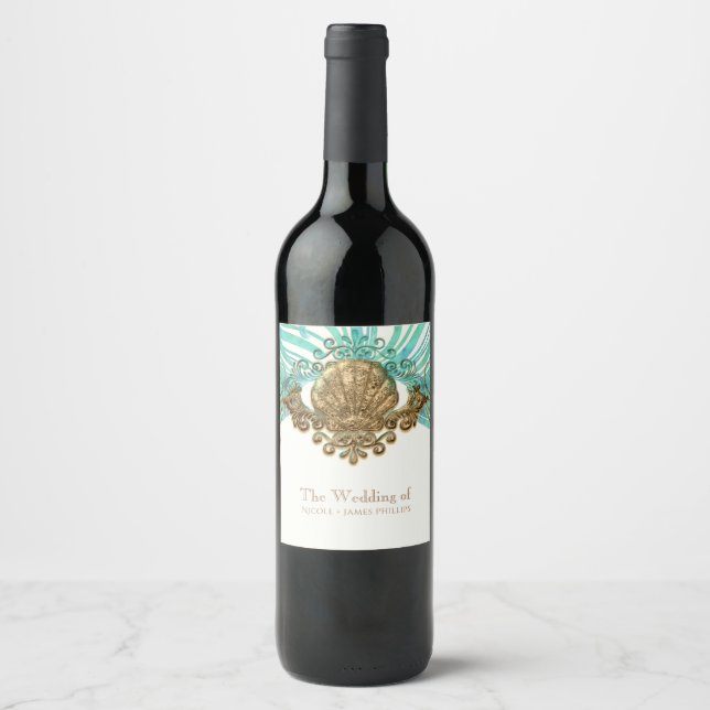 Gold & Teal Sea Shell Glam Beach Wine Labels (Front)