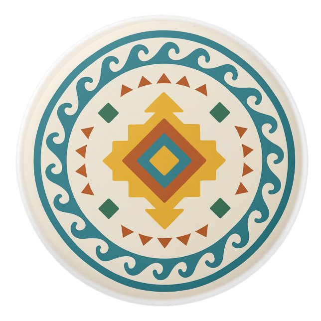Gold Teal Terracotta Wave Diamond Zapotec Knob (Front)