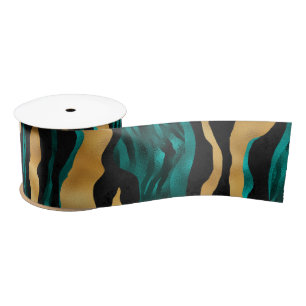 Gold Teal Tiger Stripes Glam Abstract Animal Satin Ribbon