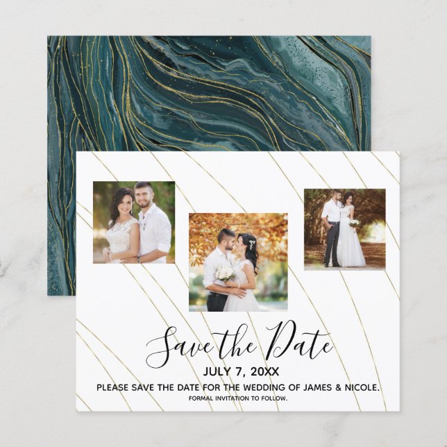 Gold Teal Turquoise Photo Wedding Save the Date (Front/Back)