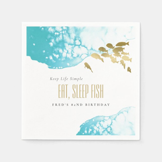 Gold Teal Underwater Fish Any Age Birthday Invite Napkin (Front)