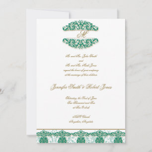 Gold Teal Vintage Monogram Wedding Invitation
