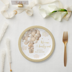 Gold Teddy Bear Hot Air Balloon Baby Shower Paper Plate