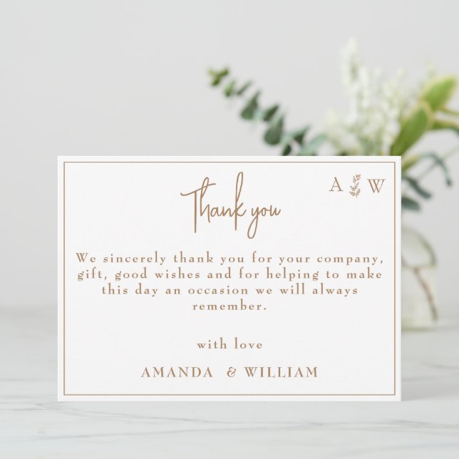 gold Template Leaf Monogram Wedding thank you card (Standing Front)