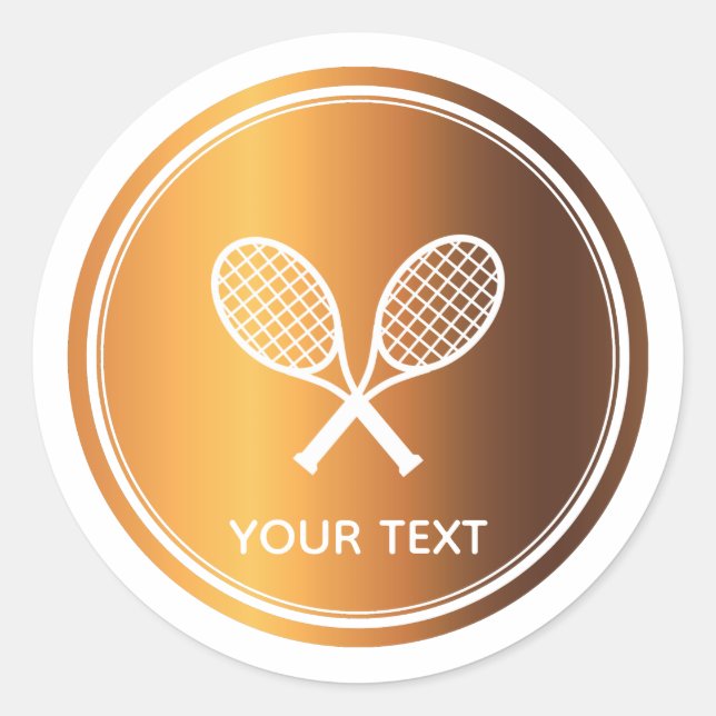 Gold Tennis Rackets Sport Theme Player Custom Text Classic Round Sticker (Front)