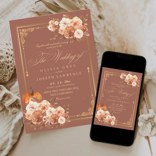 Gold Terracotta Floral Boho Rustic Wedding  Invitation (Creator Uploaded)