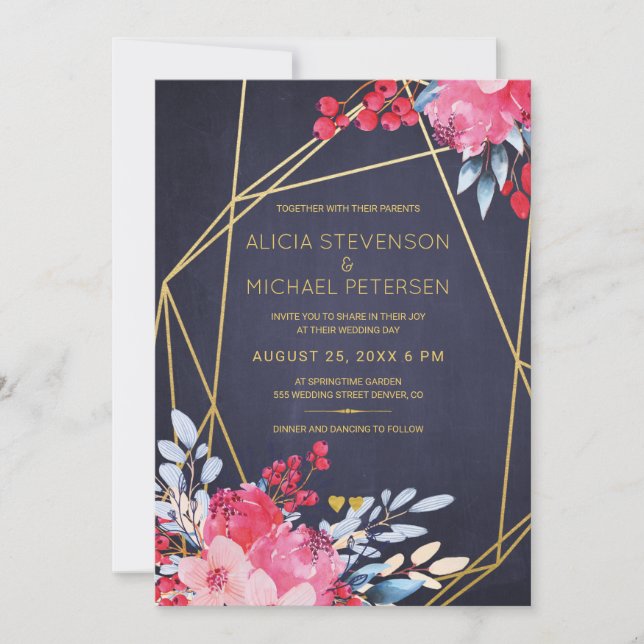 Gold terrarium watercolor floral red navy wedding invitation (Front)