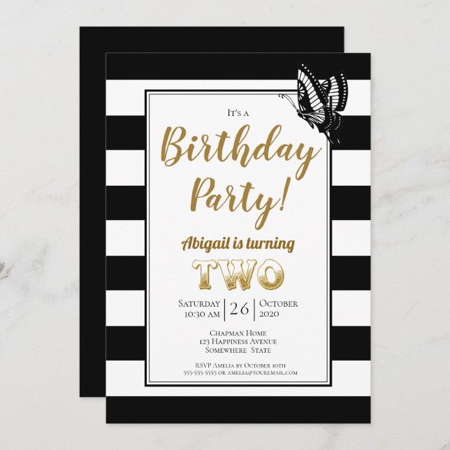 Gold Text Black and White Stripe 2nd Birthday Invitation (Front/Back)