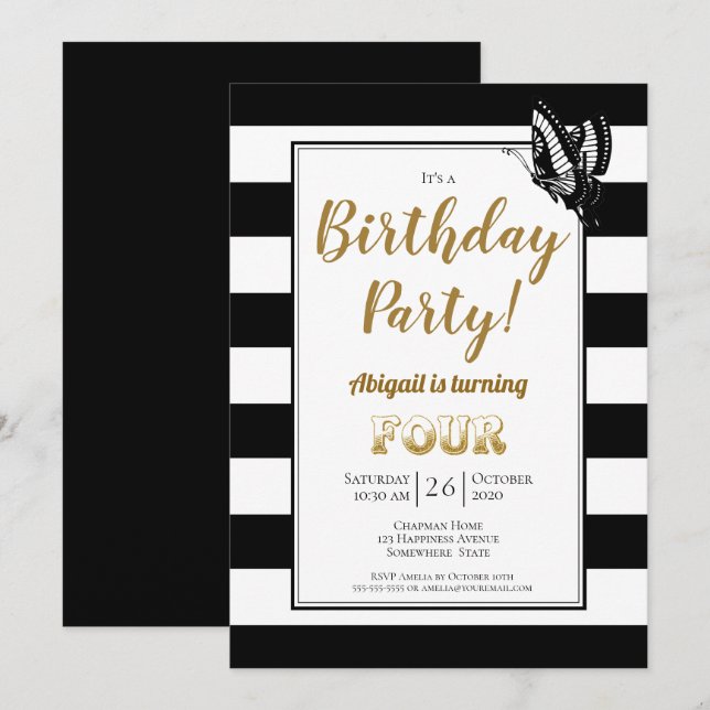 Gold Text Black and White Stripe 4th Birthday Invitation (Front/Back)