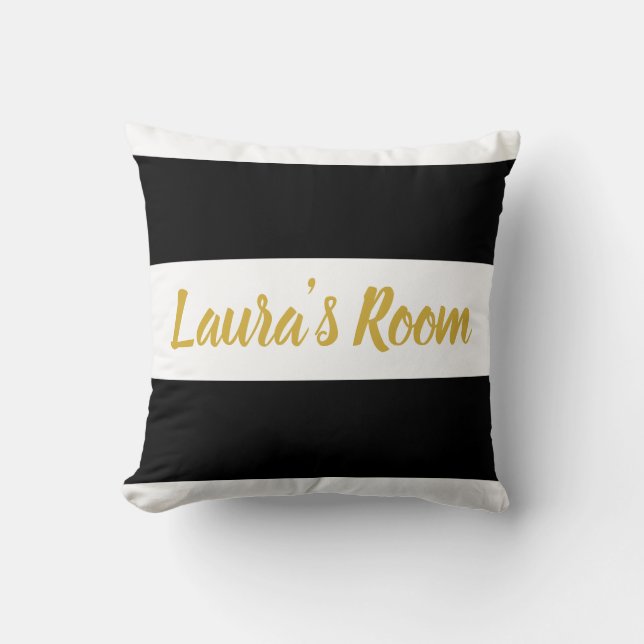 Gold Text Custom Name | Striped Black and White Throw Pillow (Front)
