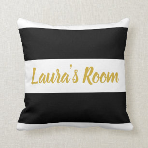 Gold Text Custom Name   Striped Black and White Throw Pillow