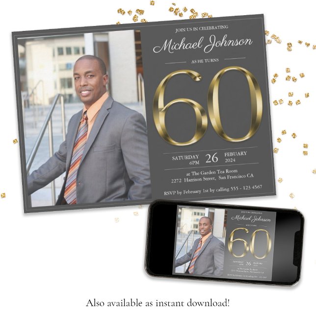 Gold Text Dark Grey Classy Photo 60th Birthday Invitation (60th Gold Text Dark Gray Classy Photo Birthday Invitation)