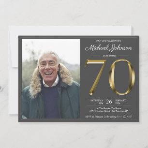 Gold Text Dark Grey Classy Photo 70th Birthday  Invitation