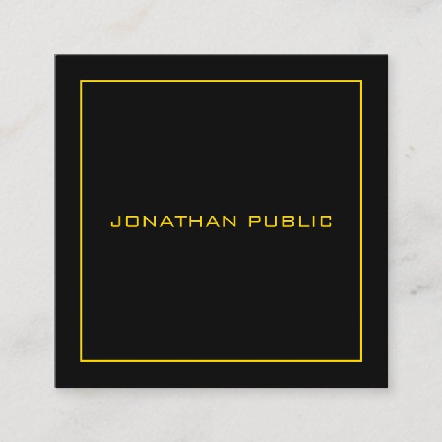 Gold Text Frame Elegant Black Background Template Square Business Card (Front)