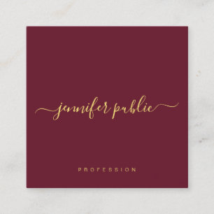 Gold Text Script Name Glossy Luxury Burgundy Red Square Business Card