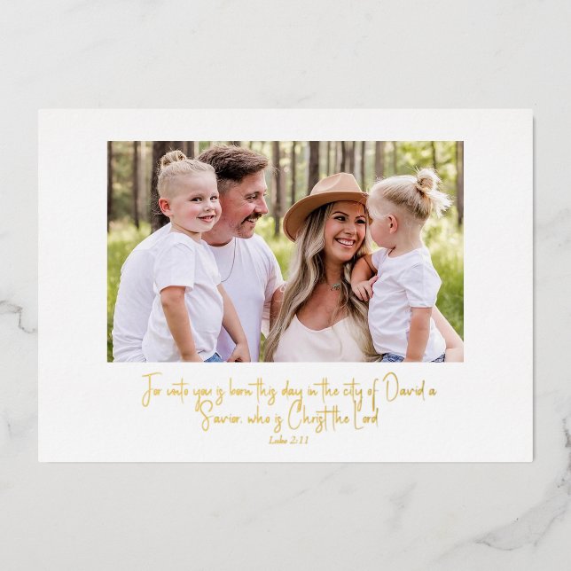 Gold Text Scripture Family Photo Christmas Foil Holiday Card (Front)