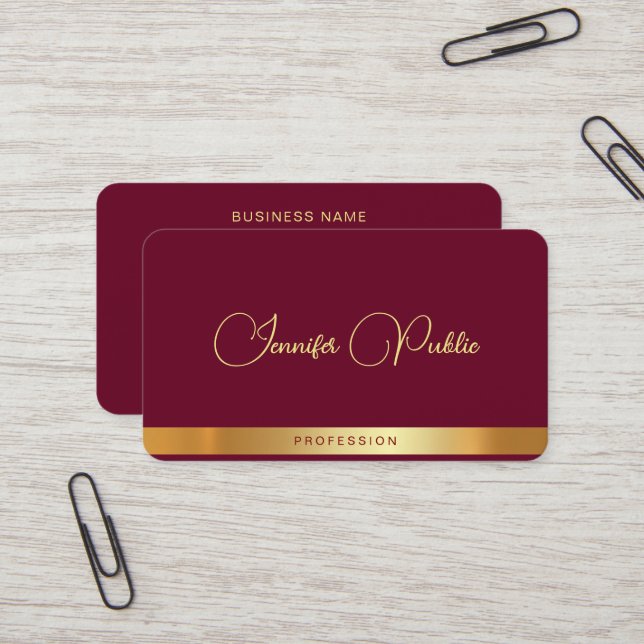Gold Text Typography Script Name Ruby Red Luxury Business Card (Front/Back In Situ)