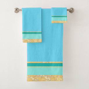 Gold Texture with Aqua and Turquoise Stripes Bath Towel Set