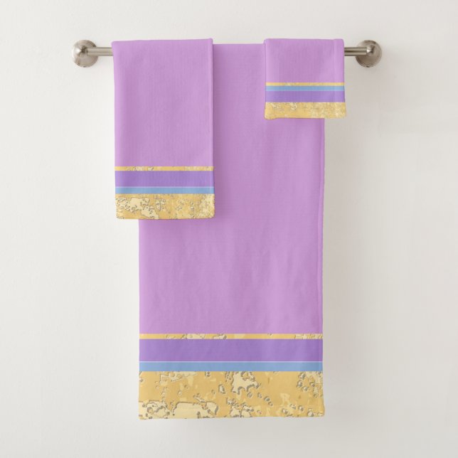Gold Texture with Blue and Lavender Stripes Bath Towel Set (Insitu)
