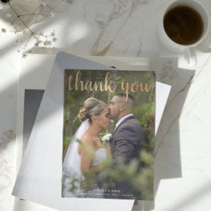 Gold Thank You 2 Black & White Photo Wedding Card