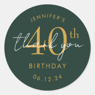 Gold "Thank You" 40th Birthday Party Green  Classic Round Sticker