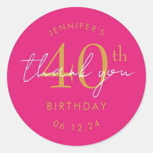 Gold "Thank You" 40th Birthday Party Hot Pink  Classic Round Sticker