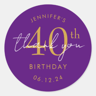 Gold "Thank You" 40th Birthday Party Purple  Classic Round Sticker