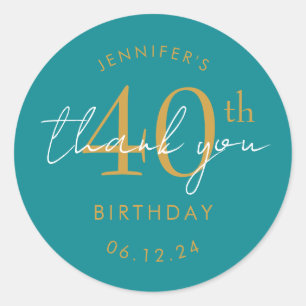 Gold "Thank You" 40th Birthday Party Turquoise  Classic Round Sticker