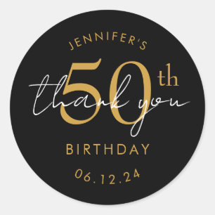 Gold "Thank You" 50th Birthday Party Black Classic Round Sticker