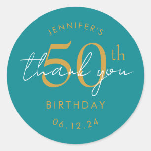 Gold "Thank You" 50th Birthday Party Turquoise  Classic Round Sticker