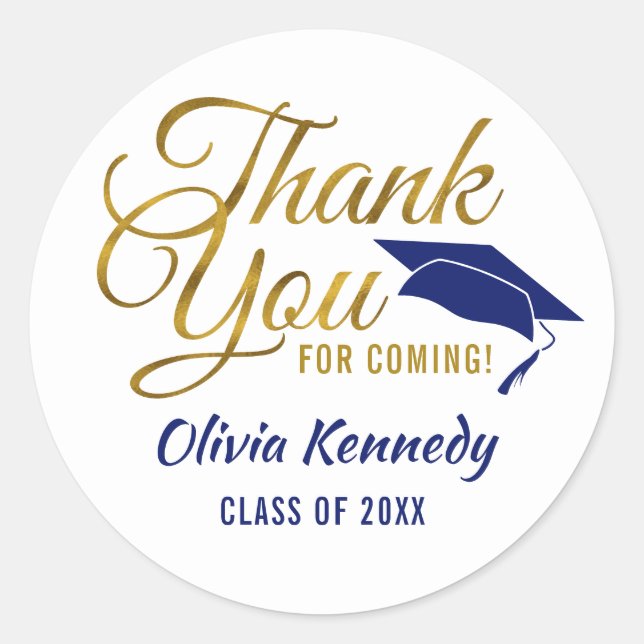 Gold Thank You For Coming Blue Graduation Party Classic Round Sticker (Front)