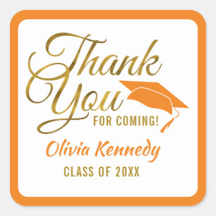 Gold Thank You For Coming Orange Grad Party 2026 Square Sticker