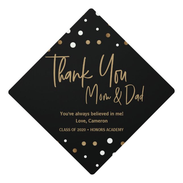 Gold Thank You Mom and Dad Custom Class of 2020 Graduation Cap Topper (Front)