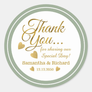 Gold Thank You Sage Green Wedding Favour   Classic Round Sticker