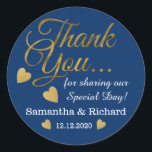 Gold Thank You Wedding Favour Blue Classic Round Sticker<br><div class="desc">Elegant and stylish wedding stickers with gold thank you typography and golden hearts.Personalize with bride and groom names and wedding date.</div>