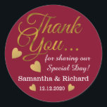 Gold Thank You Wedding Favour Burgundy Classic Round Sticker<br><div class="desc">Elegant and stylish wedding stickers with gold thank you typography and golden hearts.Personalize with bride and groom names and wedding date.</div>