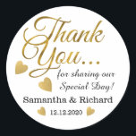 Gold Thank You Wedding Favour Classic Round Sticker<br><div class="desc">Elegant and stylish wedding stickers with gold thank you typography and golden hearts.Personalize with bride and groom names and wedding date.</div>