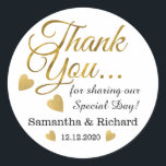 Gold Thank You Wedding Favour Classic Round Sticker<br><div class="desc">Elegant and stylish wedding stickers with gold thank you typography and golden hearts.Personalize with bride and groom names and wedding date.</div>
