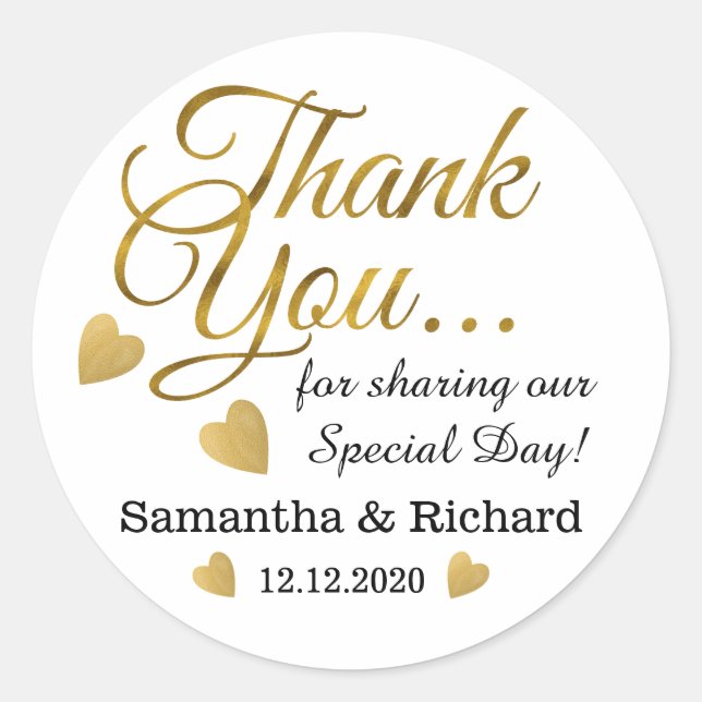 Gold Thank You Wedding Favour Classic Round Sticker (Front)