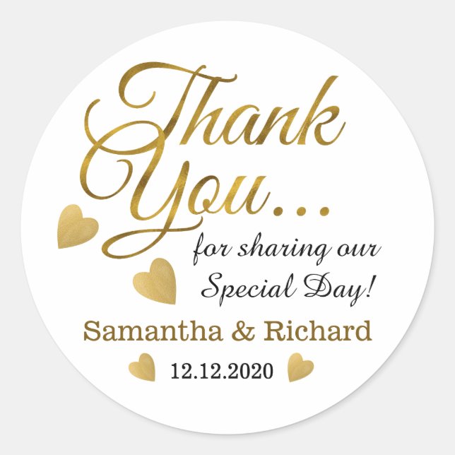 Gold Thank You Wedding Favour Classic Round Sticker (Front)