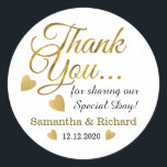 Gold Thank You Wedding Favour Classic Round Sticker<br><div class="desc">Elegant and stylish wedding stickers with gold thank you typography and golden hearts.Personalize with bride and groom names and wedding date.</div>